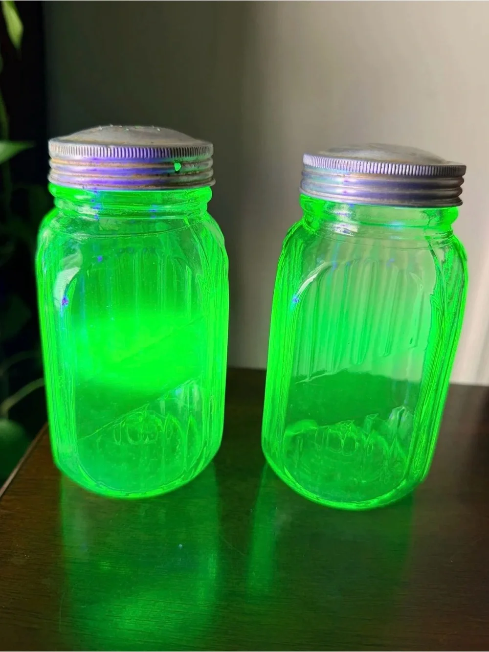 2 Vintage Green Uranium Glass Jars